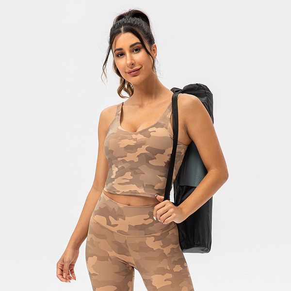 Ll camuflagem esportes colete feminino à prova de choque fitness topos antibacteriano correndo fitness beleza volta yoga sutiã com almofada no peito