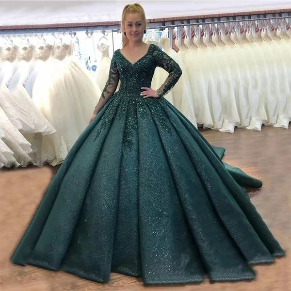 Paillettes scintillanti che bordano abiti Quinceanera verde scuro Abiti da sera lunghi vintage con maniche lunghe e abiti da sera formali Personalizza l'abito