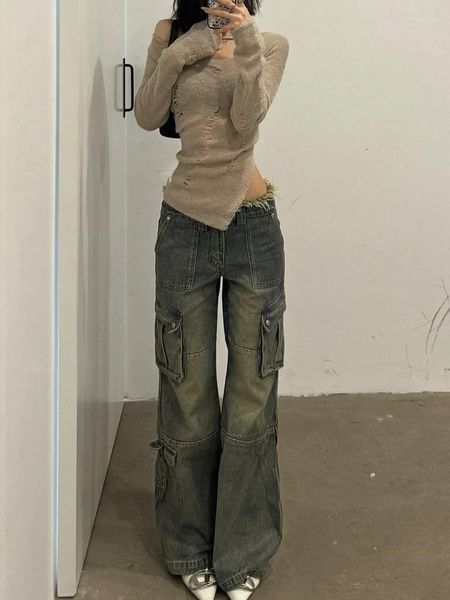 Jeans da donna Donna Gyaru Harajuku giapponese Trashy Y2K Nappa Vita bassa Flare Damage Pantaloni in denim Anni 2000 Pantaloni a zampa d'elefante Kpop Grunge