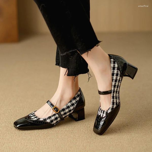 Модельные туфли, весна 2024, женские туфли-лодочки из овчины с квадратным носком, модные броги, дизайн Мэри Джейн на массивных высоких каблуках