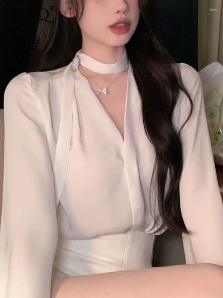Kadınlar bluz ucxq seksi yular elmas bandaj tasarımı v yaka beyaz şifon gömleği sonbahar 2024 gevşek gündelik uzun kollu bluz kadın gelgit