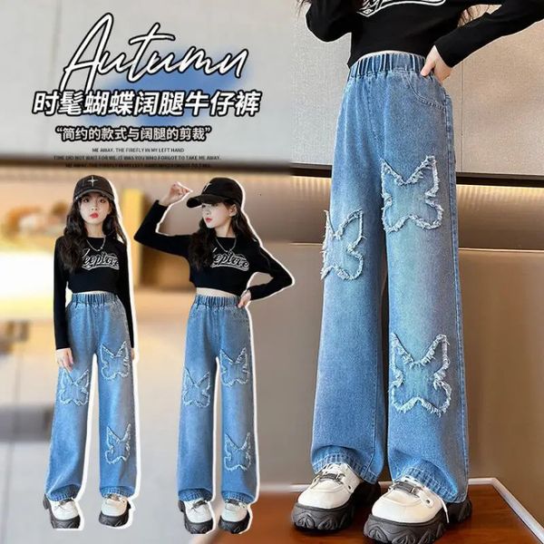 Lässige Baggy-Jeans für Kinder, Babys, Mädchen, mit Schmetterlingsstickerei, Denim, weites Bein, Hose, Frühling und Herbst, für Babys, solide Jeans, Teenager-Hose 240118