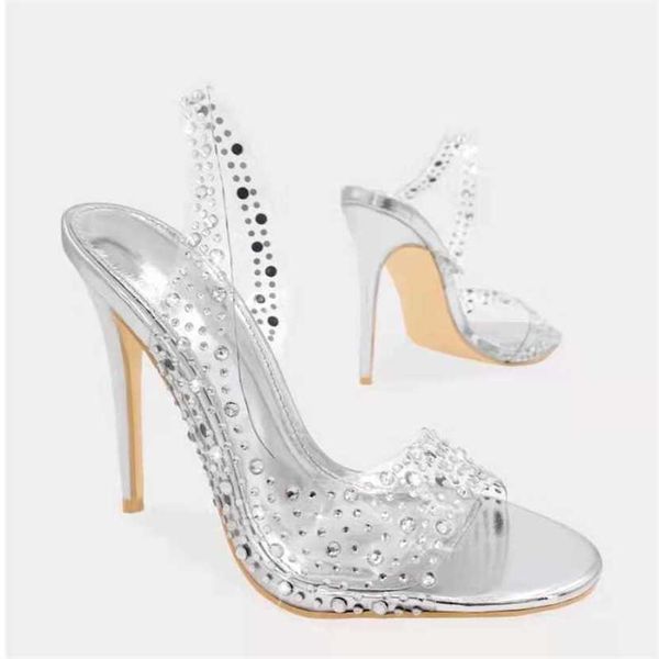 Sandalet Şampanya Gümüş Altın Kristal Gelin Ayakkabıları Clear Pvc Rhinestone Slingback Partisi Açık Ayak parmağı ışıltılı topuklular 230417