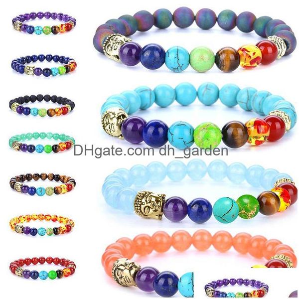 Frisado Yoga 7 Chakra Pedra Natural Pulseira Buda Cabeça Tigre Olho Lava Bead Pulseiras Mulheres Mens Moda Jóias Will e Sandy Presente Dhgmw