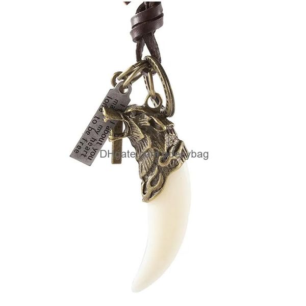 Collane con ciondolo Collana con denti di animale in bronzo Lupo Retro Lettera Id Fascino croce Catena in pelle regolabile per donna Uomo Hip Hop Fashi Dhxig