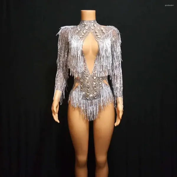 Sahne Giyim Partisi Gösteri Romper Rhinestones Gümüş Püskül Bodysuit Kolsuz Büyük Streç Kıyafet Folk Dans Şarkıcısı