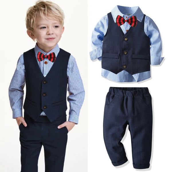 Jungen Anzüge Kleidung Für Hochzeit Formelle Party Kleidung Gestreifte Baby Weste Hemd Hosen Kinder Jungen Oberbekleidung Kleidung Set 240130