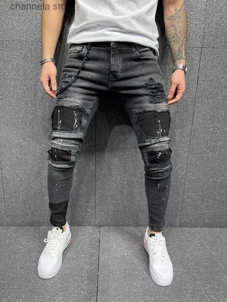 Jeans da uomo Jeans skinny strappati da uomo Biker Pantaloni a matita slim-fit neri di alta qualità Pantaloni con cerniera locomotiva Pantaloni hip-hop T240205