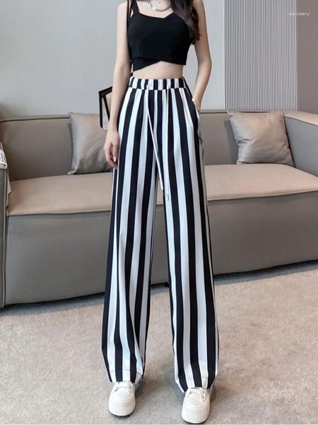 Frauen Hosen 2024 Frühling Sommer Gestreiften Frauen Breites Bein Lässig Lose Plaid Frau Lange Hosen Eleasit Taille Hohe Pantalones