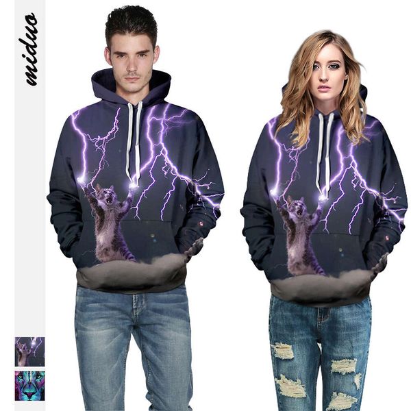 Moletom com capuz de casal solto com estampa digital Lightning Cat mais vendido da Amazon, camisa de beisebol masculina e feminina europeia e americana em estoque