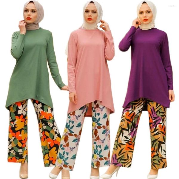 Ethnische Kleidung Arabische islamische muslimische Frauen 2-teiliges Set Naher Osten Dubai Kaftan Türkische Outfits 4 Farben Casual Langarm Tops Hosen