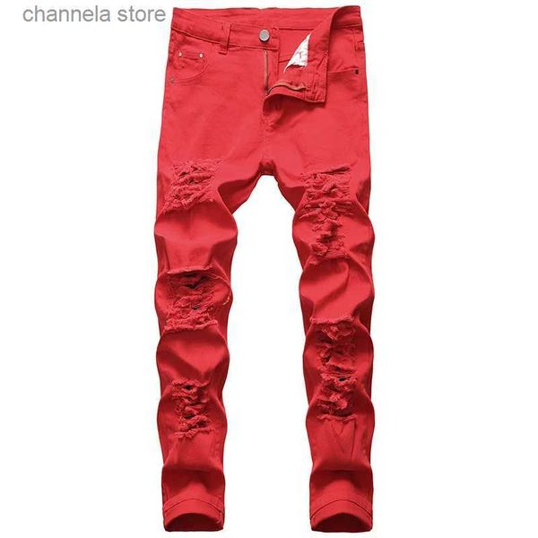 Erkek kot pantolon denim kot pantolon harap pantolon tasarımcısı marka silm düz yırtık pantolon sıkıntılı beyaz kırmızı siyah büyük boy T240205