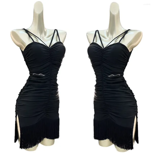 Stage Wear Summer Latin Dance Dress Donna Sexy Coulisse Nero Frangia Rumba per adulti Vestiti Club Salsa Practice DNV18404