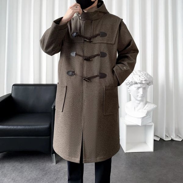 Autunno stile coreano bottone in corno con cappuccio trench di lana uomo casual sciolto lungo tratto giacca a vento per uomo cappotto giacca M3XL 240118