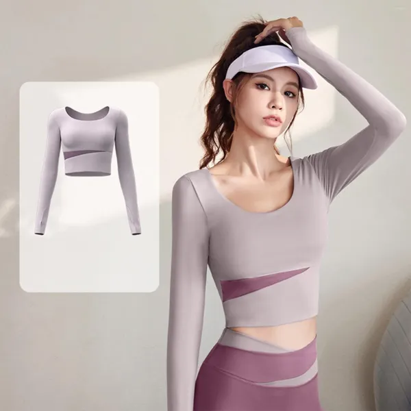 Magliette da donna estive color block a maniche lunghe color nudo vestibilità dimagrante esercizio top yoga fitness ad asciugatura rapida