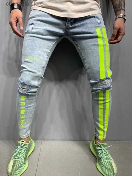 Jeans masculinos motociclista rasgado jeans homens skinny listrado zíper denim buraco lavagem vintage hip hop calças de trabalho slim impresso jeans europeu tamanho grande t240205