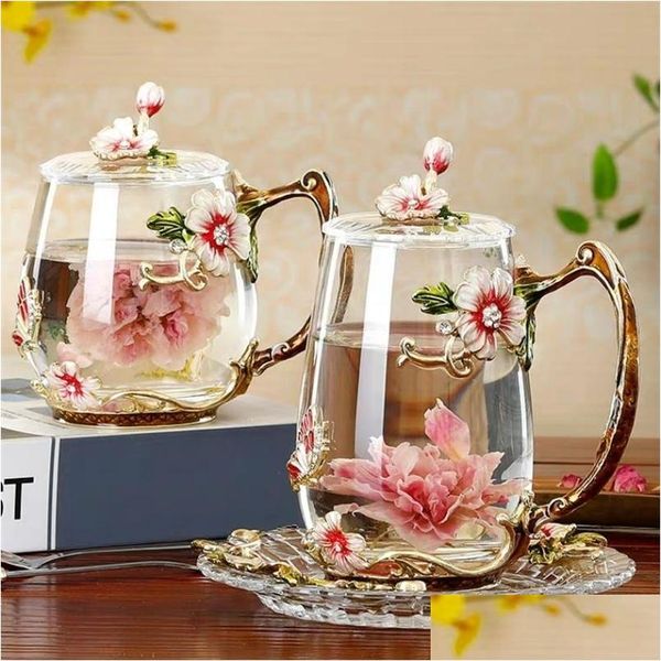 Canecas Beleza e novidade esmalte xícara de café caneca flor chá vidro s para bebidas frias colher conjunto perfeito presente de casamento 220311 gota entrega dhkxt