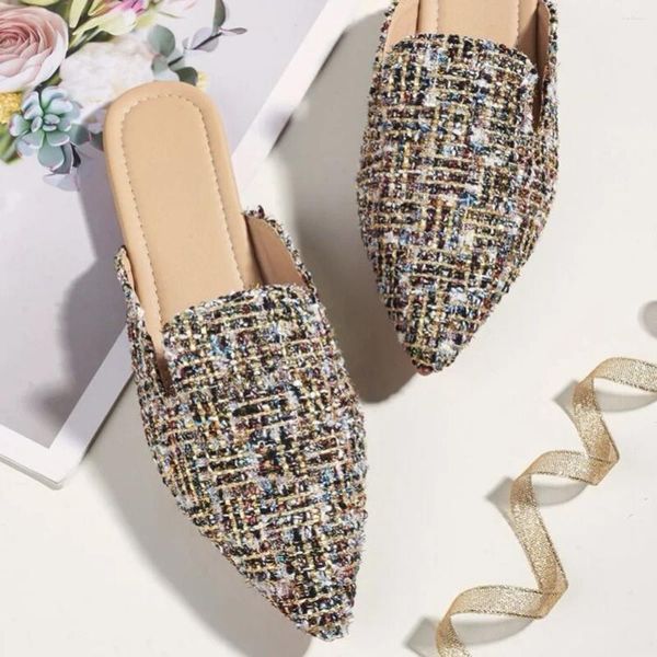 Тапочки, лето 2024, с острым носком, из разноцветной ткани, женские уличные туфли-лодочки на плоском каблуке, женские сандалии Mujer с блестками, большой размер 42