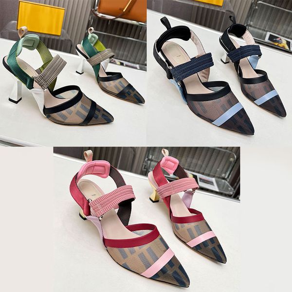 Örgü kumaş slingbacks kadın tasarımcı pompalar düz sandalet renkli içi boş out kadın slingback metal yüksek topuklu ayakkabılar ayakkabı ayakkabı üst ayna kalitesi seksi sivri ayak parmakları