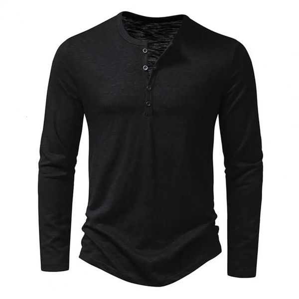 Homens Outono Inverno Oneneck Henley Collar Botões Decote Camiseta Manga Comprida Cor Sólida Slim Fit Bottoming Camiseta Streetwear 240130