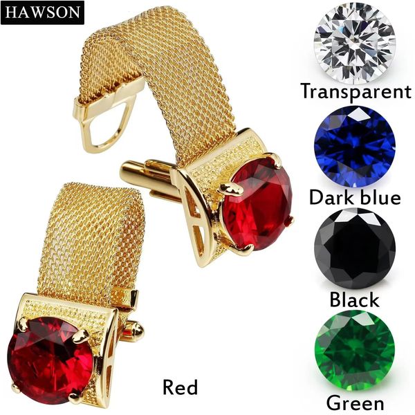 Hawson luxo brilhante cristal abotoaduras para homens com corrente camisa masculina casamento acessórios de negócios abotoaduras botão 17mm 240124