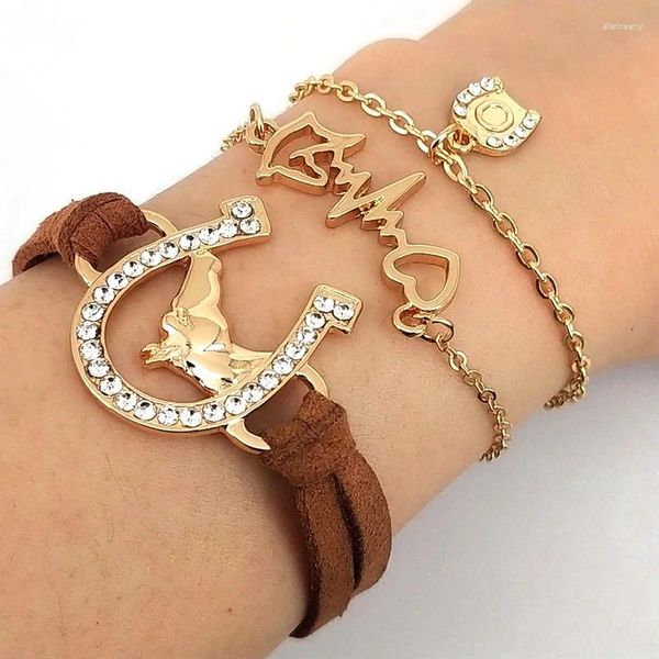 Braccialetti con ciondoli Hzew 3 pezzi/set Corda in pelle Testa di cavallo Ferro di cavallo Elettrocardiogramma Lettera di cristallo A-Z Bracciale regalo