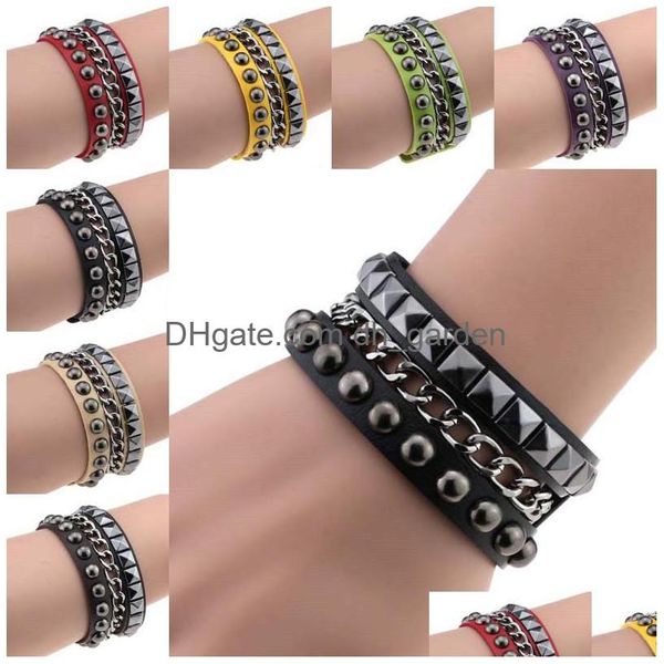 Charme pulseiras quadrado rebite pu pulseira de couro bangle envoltório pulseira punk gótico snap botão mtilayer hip hop moda gota de dh1vx