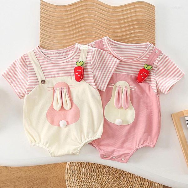 Vestidos de menina para bebês meninas, macacão de manga curta com gola listrada e orelhas falsas, 2 peças, patchwork, body infantil, roupas de páscoa