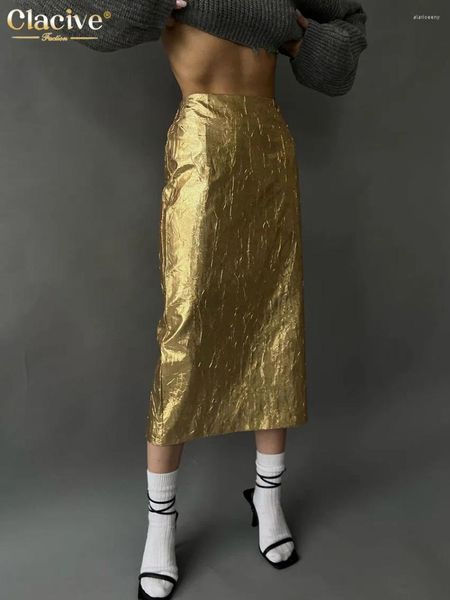 Gonne Clacive Moda Sottile Oro Gonna da Donna Elegante Chic A Vita Alta Midi Streetwear Vintage Gonne Abbigliamento Femminile 2024