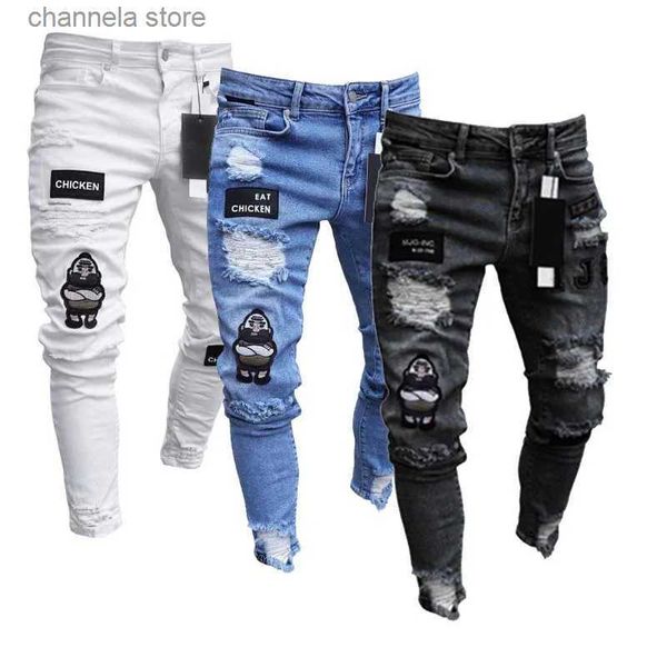 Herren Jeans Weiße Stickerei Jeans Männer Baumwolle Stretchy Zerrissene Röhrenjeans Hochwertige Hip Hop Black Hole Slim Fit Oversize Denim Hosen T240205