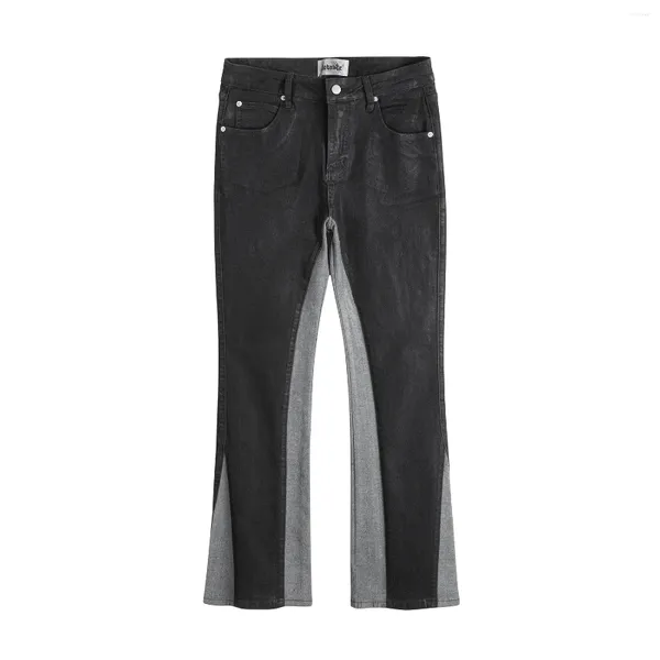 Calças de brim masculinas contraste cor cera pu calças de couro para homens e mulheres streetwear retalhos baggy cargas oversized calças jeans soltas