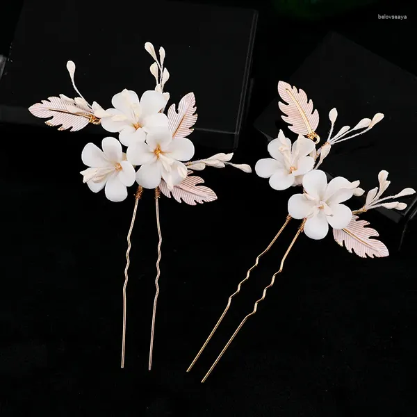 Fermagli per capelli Accessori da sposa Fermaglio per fiore in porcellana per spose Regalo per damigelle d'onore Forcina per capelli con foglia color oro Gioielli da sposa