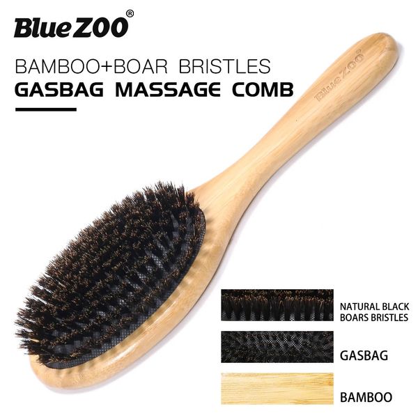 Azul zoológico escova de cabelo natural bambu lidar com cerdas de javali anti-estático cabelo couro cabeludo paddle escova de cabelo gasbag massagem pente cuidados com o cabelo 240117