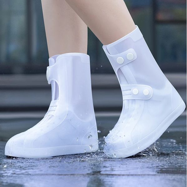 Sapato branco capa de chuva impermeável overshoes homens mulheres alta superior reutilizável bota botão acima sapatos de água protetor galochas 240125