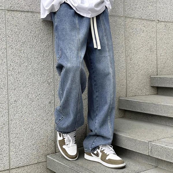 Jeans masculinos plus size solto lace-up homens denim de alta qualidade rua larga perna menino calças retro azul calças compridas S-3XL