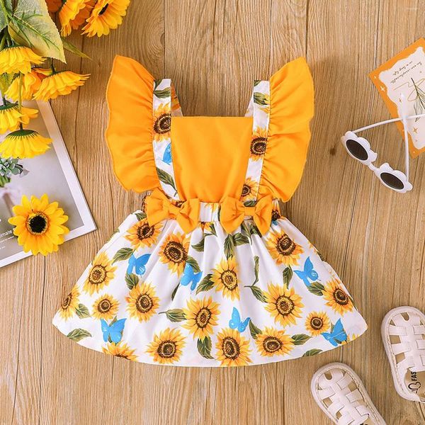 Mädchenkleider geborene Kindermädchen Sommer Mode Ruched Sleeve Blumenkleid Sonnenblumendrucke Bogenknot Taufen Röcke