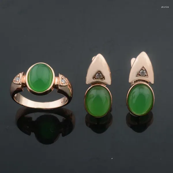 Colar brincos conjunto feminino pedra preciosa verde 585 rosa cor de ouro zircão cúbico anéis jóias de casamento