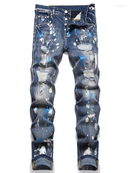 Jeans masculinos azul pintura inkjet magro magro-ajuste estiramento rasgado calças pequenas retas hip hop angustiado streetwear punk calças