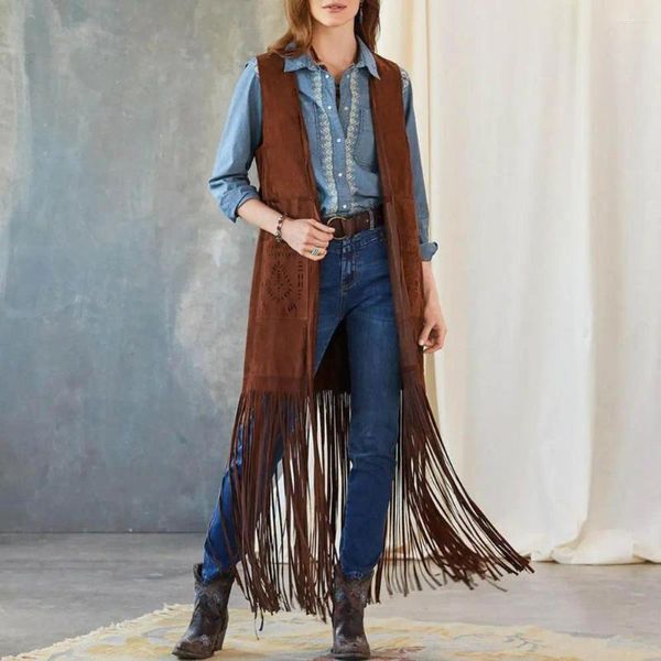 Coletes femininos ocidental franja colete boêmio franja com detalhe de borla hippie cardigan remendo bolso colete para mulheres 70s cowboy cosplay