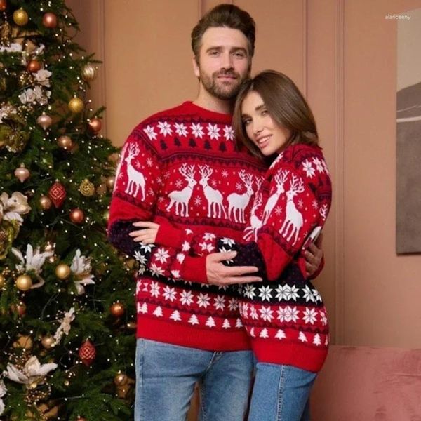 Kadın Sweaters Ailesi Noel Kazak 2024 Kış Kadın Erkekler Çiftler Giysileri Eşleştiren Yumuşak Sıcak Triko Jacquar Baskı Külot Top Noel