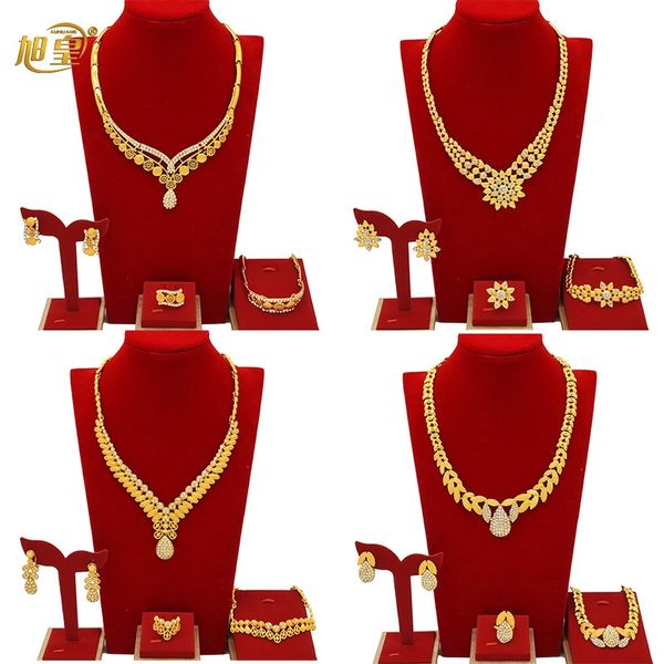 Xuhuang africano conjunto de jóias de cor de ouro nupcial grande colar nigeriano e brinco 4 pçs conjunto indiano etíope cristal presentes de casamento 240123