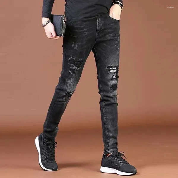 Calças de brim masculinas calças de cowboy preto para homens quebrados calças magras tubo apertado com buracos remendo rasgado cortado slim fit rasgado xs goth