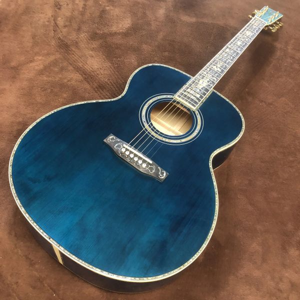 Akustik Gitar 40 inç OM45 6Strings Mavi Kapak Desenli Akçaağaç Ahşap Gerçek Abalon Kakma Abanoz Klavye Destek Özelleştirme Freeshipping