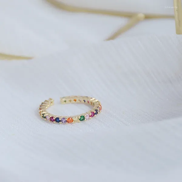 Anelli a grappolo placcato oro reale 14k micro intarsio zircone colorato aperto per donna brillantezza vacanza quotidiana elegante regalo anello per dito indice