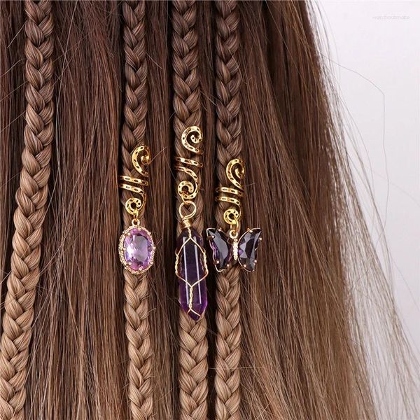 Saç klipsleri 3 adet renkli doğal taş kolye takıları örgüler için kristal dreadlock aksesuarları kadınlar kızlar saç stili dekorasyon