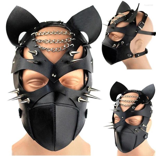 Fontes de festa PU Lether Sexy Homens Máscaras Cosplay Capa de Cabeça Estilo Punk Corrente de Rebite Metal Rosto Cheio Animal Role Play Preto Headwear