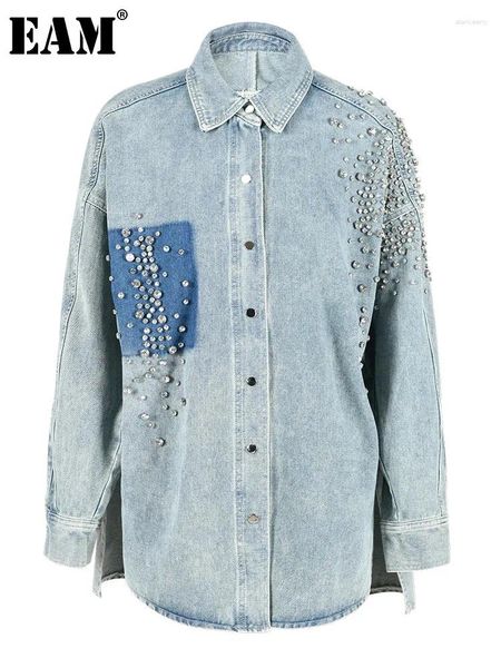 Giacche da donna EAM Blu Denim Strass Giacca di grandi dimensioni Vestibilità ampia Risvolto Manica lunga Cappotto da donna Moda Marea Primavera Autunno 2024 7AB878