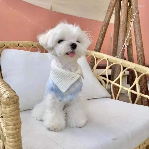 Cão vestuário doce xadrez camisola roupas para animais de estimação algodão quente cães roupas gato lapela bonito outono inverno azul moda menina menino yorkshire