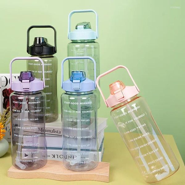 Wasserflaschen, 2000 ml, transparente Kunststoffflasche, Zeitmarkierung, kreative große Kapazität, auslaufsicher, Milchbecher, Trinkgeschirr, für Kinder, Schule, Fitnessstudio, Sport