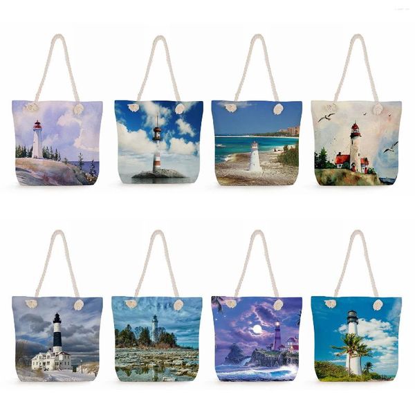 Borse da sera Corda spessa Viaggio Spiaggia Faro Stampa Borse da donna Tote Design paesaggistico Shopping Casual Alta capacità quotidiana